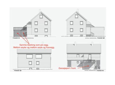 Fasadetegninger som viser bygningens utseende fra fire ulike sider (SV, NØ, SØ, NV) med merknader om terreng og detaljer.