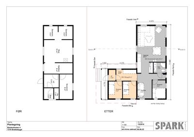 Plantegning som viser romfordeling og arealer for en hytte før (venstre) og etter (høyre) ombygging.