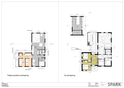 Bildet viser en sammenligning av to etasjeplaner (plantegninger) for en bolig: 'Tidligere godkjent plantegning' og 'Ny plantegning'.