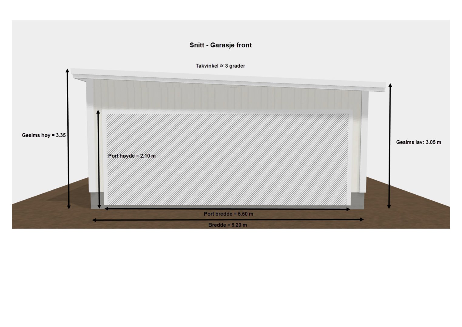 3D-visualisering (rendering) av et snitt gjennom en garasje front, med angitte mål for høyde, bredde og takvinkel.