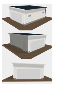 Tre 3D-visualiseringer av en bygning (garasje/oppbevaringsbygg) sett fra ulike vinkler.