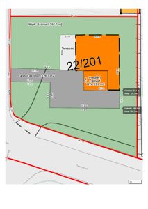 Situasjonsplan som viser tomtens grenser (MUA), plassering av bygning (22/201), terrasse, carport og asfaltareal med angitte mål og arealer.
