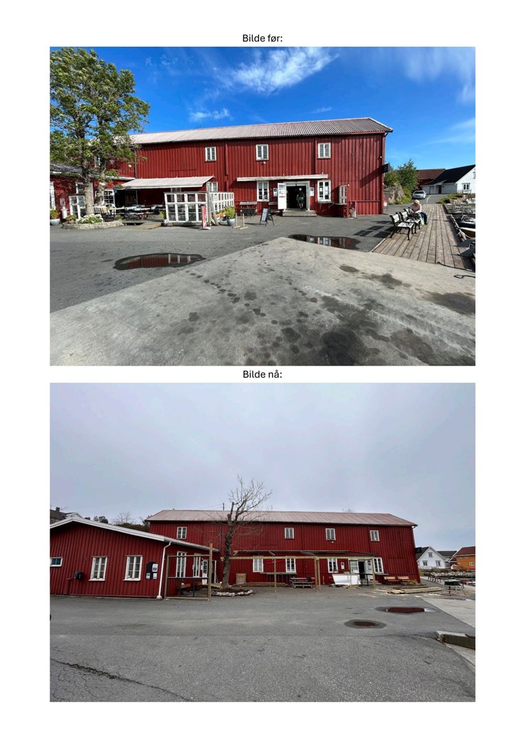 Fotografier av en rød bygning før og etter en endring eller renovering.