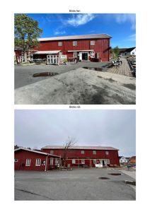 Fotografier av en rød bygning før og etter en endring eller renovering.