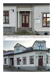 Fotografi av en bygning med tekster som forklarer bildets innhold.