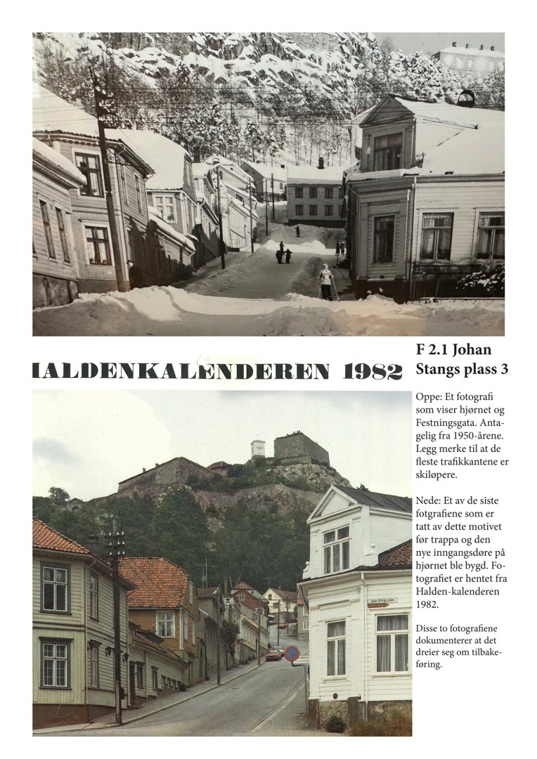 To historiske fotografier fra 1982 som viser en gate i Halden, inkludert hus og omgivelsene.