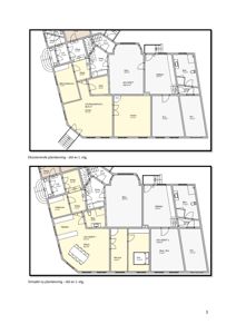 Bildet viser to etasjeplaner (1. etasje) for en bolig. Øverste plan er merket som 'Eksisterende planløsning' og nederste som 'Omsøkt ny planløsning'. Planene viser romfordeling, vegger og areal i kvadratmeter.
