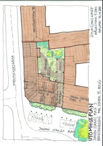 Situasjonsplan som viser bygningens plassering i forhold til gater (Festningsgata, Johan Stangs plass), parkeringsplasser og beplantning.