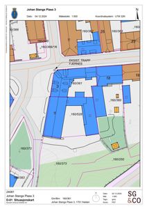 Situasjonskart som viser tomtetillhørighet, bygningstilhørighet og naboforhold for Johan Stangs Plass 3.