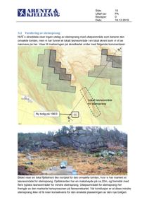 Bildet viser en kombinasjon av et skredkart (topografisk tegning) og et fotografi av et fjellområde med steinsprang, som illustrerer en vurdering av steinsprang i en byggesak.