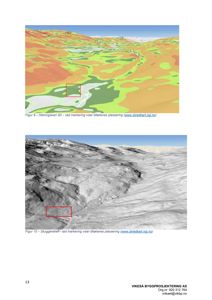 Bildet viser to kart fra et landskap (helning og skyggerelieff) med en rød markering som indikerer bygningens plassering. Dette er typisk for situasjonsplan eller topografiske kart i en byggesak.