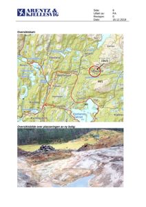 Bildet viser en topografisk kartutsnitt med terrengforhold, stier og eiendomsgrenser, samt et fotografisk oversiktsbilde av byggefeltet.