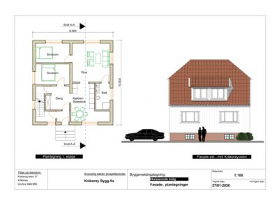 Bildet viser en tegning med en etasjeplan (venstre) og en fasadetegning (høyre) for en bolig.