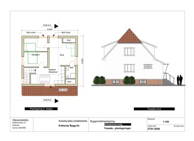 Bildet viser en tegning med etasjeplan for 2. etasje (venstre) og fasade nord (høyre).