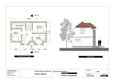 Bildet viser en plantegning for 2. etasje med romfordeling og mål, samt en fasadetegning (Fasade øst) til høyre. Begge er tegninger fra en byggesak.
