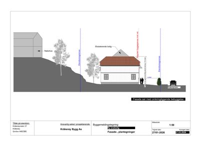 Fasadetegning som viser etasjeplan, høyder og forhold til nabohus og vei