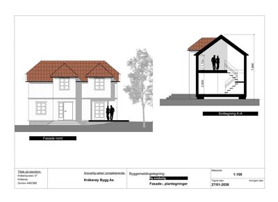 Bildet viser en fasadetegning (Fasade nord) og en snittegning (Snittegning A-A) av en ny enebolig.