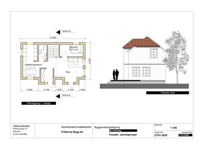Bildet viser en byggesak som inneholder en plantegning av 1. etasje (venstre) og en fasadetegning (høyre).