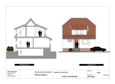 Bildet viser en snittegning (A-A) og en fasadetegning (vest) av en bolig. Snittet illustrerer høyder og romfordeling, mens fasaden viser utvendig utforming.