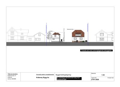 Fasadetegning som viser en ny enebolig med omgivende bebyggelse.