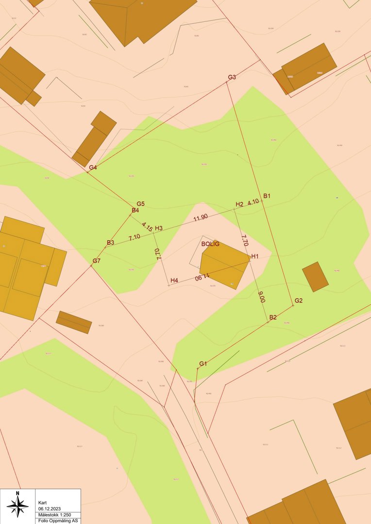 Situasjonsplan som viser tomtens form, grenser (G1-G7), nabobebyggelse, terrengforhold (konturlinjer) og planlagt byggefelt.