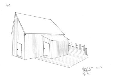 En håndtegnet oppriss (perspektivtegning) av en bygning sett fra syd, med tegning av tak, fasade, dører og en tilhørende veranda.
