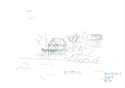 Situasjonsplan som viser to hytter ved kysten, med skisse over terrengform, vegetasjon og en målestokk.