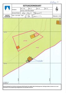 Situasjonskart som viser eiendomsnummer, bygningers plassering, eiendomsgrenser og nabolag.