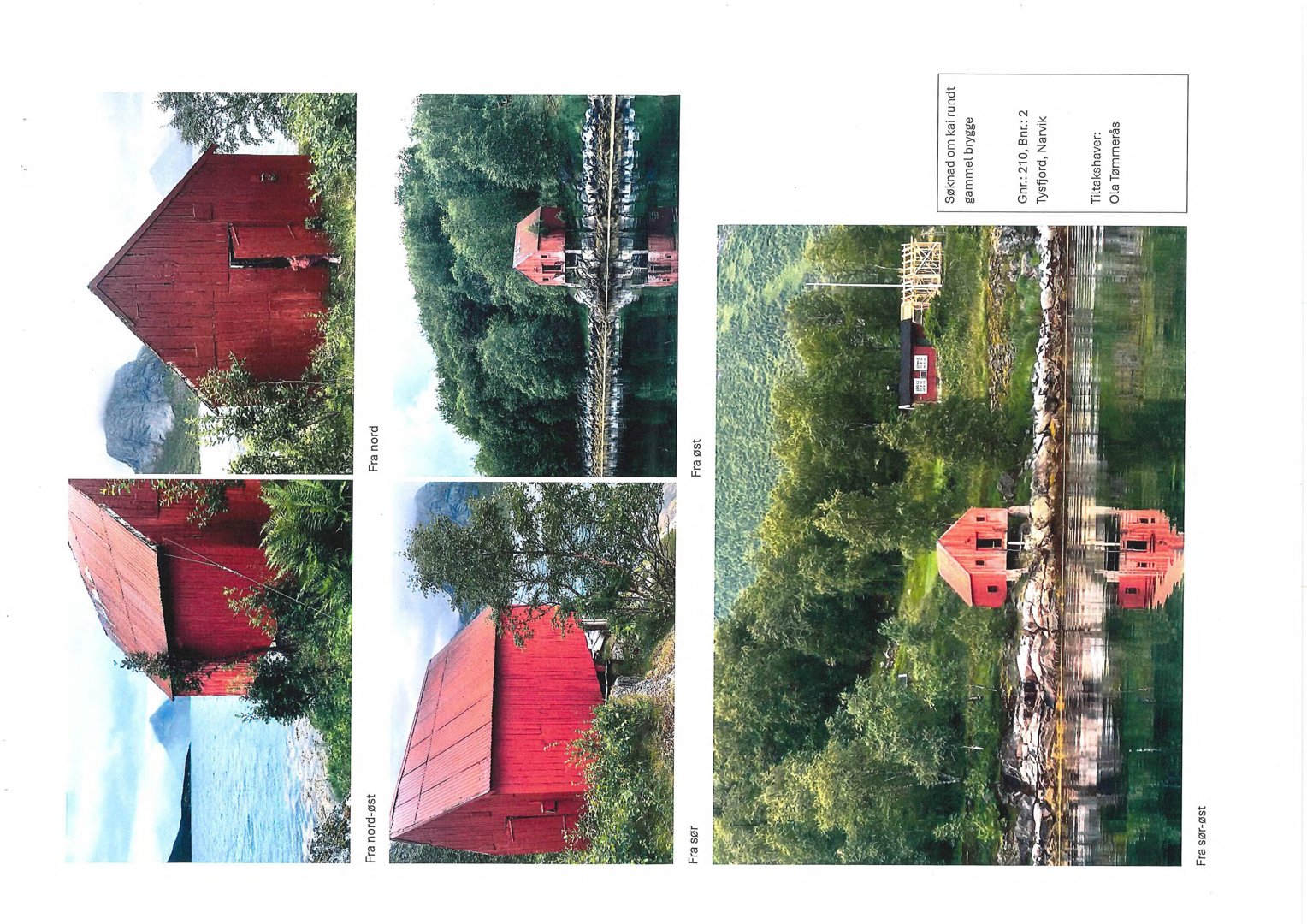 Fotografier av en rød bygning (trollkåte) sett fra ulike vinkler, inkludert et panoramabilde og nærbilder.