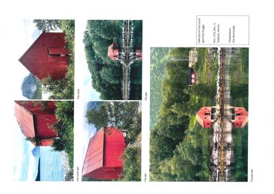 Fotografier av en rød bygning (trollkåte) sett fra ulike vinkler, inkludert et panoramabilde og nærbilder.