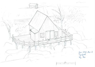 En håndtegnet fasadevisning (opprikk) av en hytte med tilhørende veranda og omgivelser.