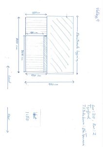 En håndtegnet teknisk detaljtegning som viser mål på en veggkonstruksjon (Vegg 9), inkludert eksisterende og ny legning, samt en 'Land'-konstruksjon. Tegningen inneholder også en skala (1:50) og en tegningsliste.