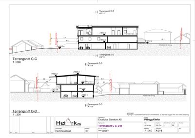 Tegning som viser tverrsnitt gjennom bygningen (terrensnitt) med høydemål og terrengforhold.