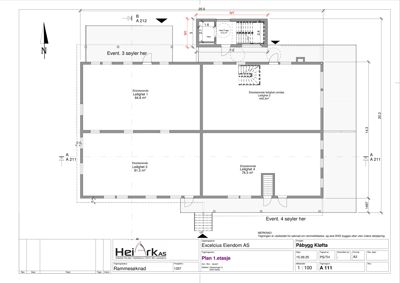 Etasjeplan (1. etasje) som viser romfordeling, arealer for leiligheter og plassering av søyler.