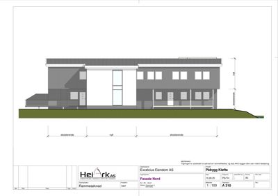 Fasadetegning som viser bygningens utseende sett fra nord, med oppriss av eksisterende og nytt bygg.