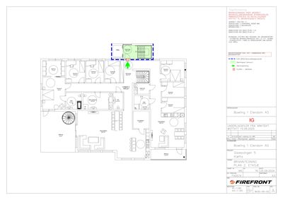 Etasjeplan (2. etasje) for en brannetegning som viser romfordeling, dører, trapp og tekniske installasjoner.