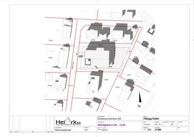 Situasjonsplan som viser tomtens plassering i forhold til nabolag, veier og eiendomsnummer.