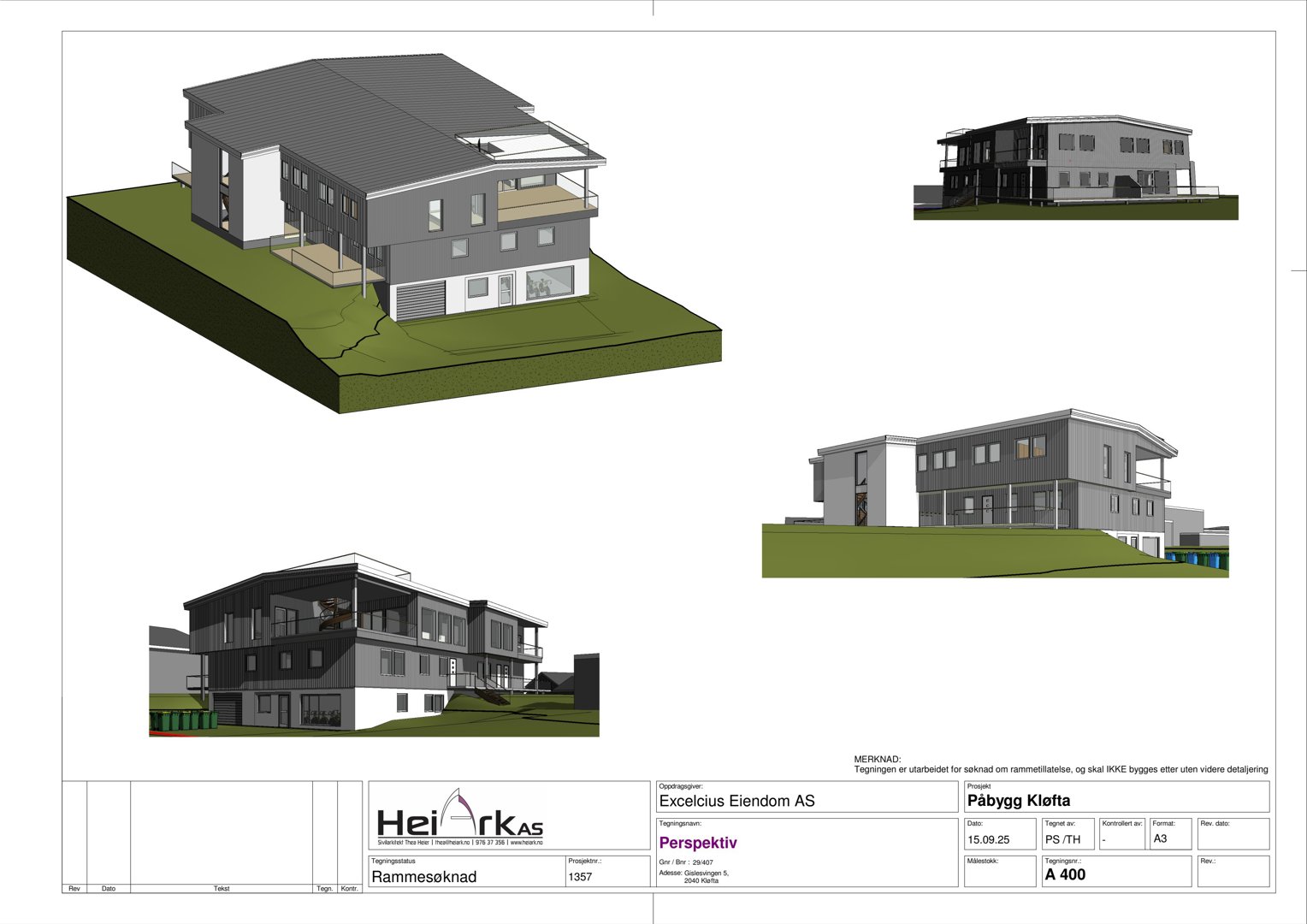 3D-visualisering (perspektivtegning) av en planlagt bygning med omgivende terreng.