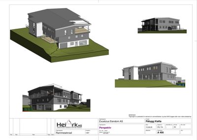 3D-visualisering (perspektivtegning) av en planlagt bygning med omgivende terreng.