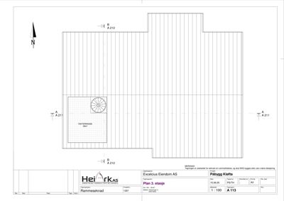 Etasjeplan (3. etasje) som viser romfordeling, takterrasse og snittlinjer.