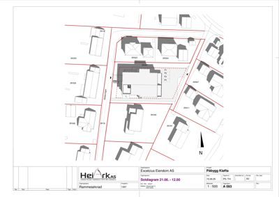 Situasjonsplan som viser tomtens plassering i forhold til nabolaget, eiendomsnummer, gateløp og bygningers plassering.