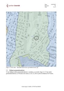 Et kart som viser et område med bygningsplasseringer og geologiske soner (marin leire og kvikkleiresoner).
