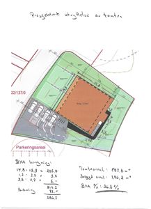 Situasjonsplan som viser tomtens form, plassering av bygning (Bolg 172m²), parkeringsareal, veier og arealregning.