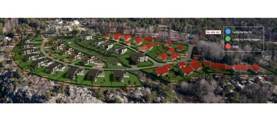 Fotografi av et planlagt boligfelt med overlagte tegninger som viser plassering av tomter, hus og veier.