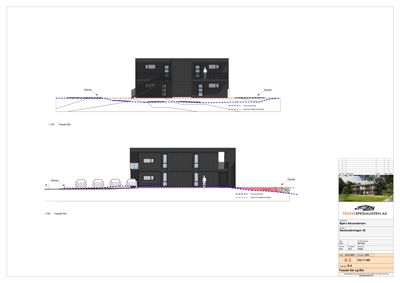 Fasadetegning som viser bygningens utseende fra for- og bakside, inkludert grunnplan og grenser.