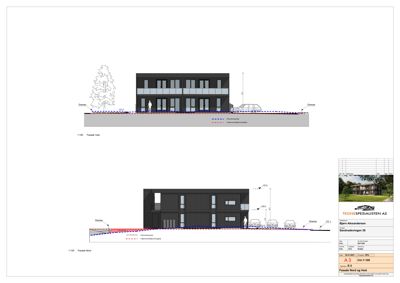 Tegning som viser fasadeopprikk (vest og nord) for en bygning, inkludert høyder, terrengforhold og omgivelser.