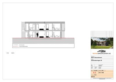 Snittegning (Snitt A) som viser bygningens indre oppbygning, romfordeling og konstruksjon i tverrsnitt.