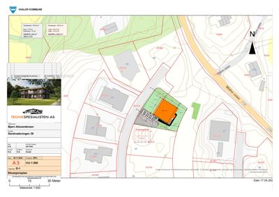 Situasjonsplan som viser tomtens plassering i forhold til nabolag, veier og topografi.