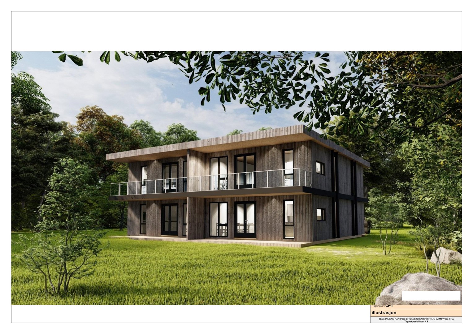 3D-visualisering av en moderne toetasjes bolig sett fra siden, med omgivende natur.