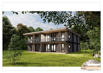 3D-visualisering av en moderne toetasjes bolig sett fra siden, med omgivende natur.